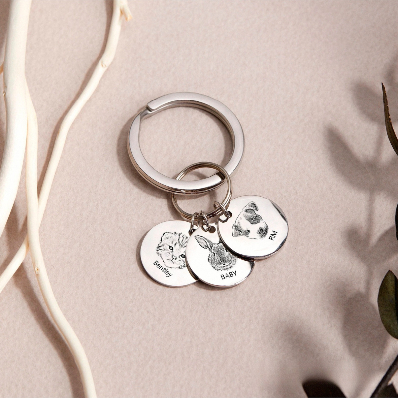 Nerđajući čelik okrugli privjesak za ključeve s fotografijom ljubimca, lasersko graviranje, prilagodljivo