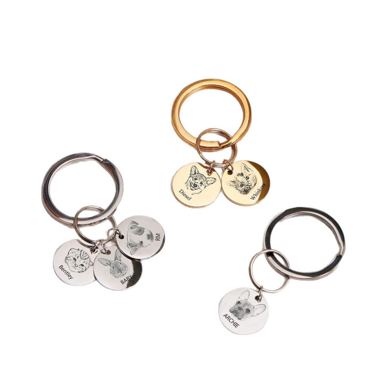 Nerđajući čelik okrugli privjesak za ključeve s fotografijom ljubimca, lasersko graviranje, prilagodljivo