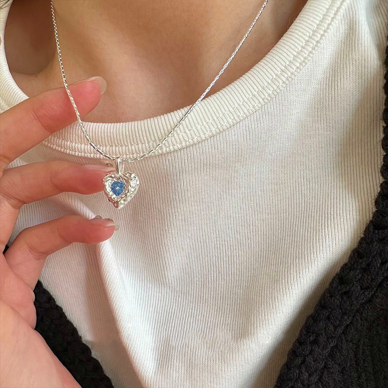 Колие със сърцевиден висулка от 925 сребро на бамбукова верижка, луксозен стил, многослоен, тегло 4,93 g