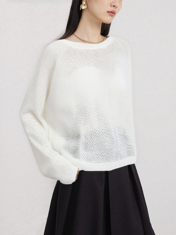 Női kivágott mintázatú kötött felső, könnyű nyári viselet, pulóver-stílus, kerek nyak, hosszú ujjú