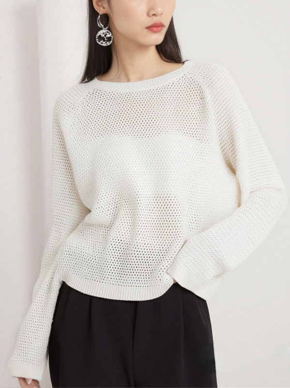 Női kivágott mintázatú kötött felső, könnyű nyári viselet, pulóver-stílus, kerek nyak, hosszú ujjú