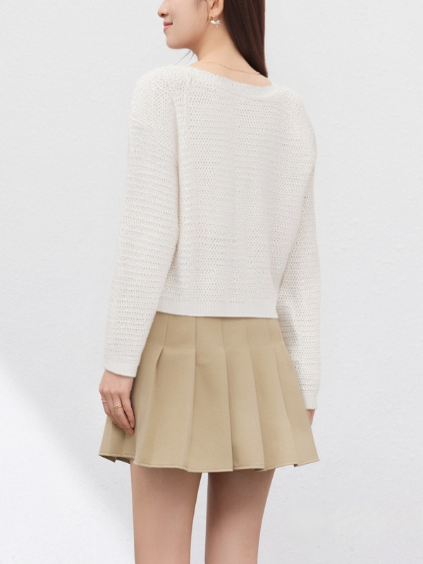 Női kivágott mintázatú kötött felső, könnyű nyári viselet, pulóver-stílus, kerek nyak, hosszú ujjú