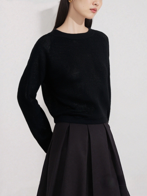 Női kivágott mintázatú kötött felső, könnyű nyári viselet, pulóver-stílus, kerek nyak, hosszú ujjú