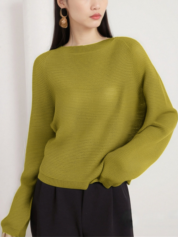 Női kivágott mintázatú kötött felső, könnyű nyári viselet, pulóver-stílus, kerek nyak, hosszú ujjú