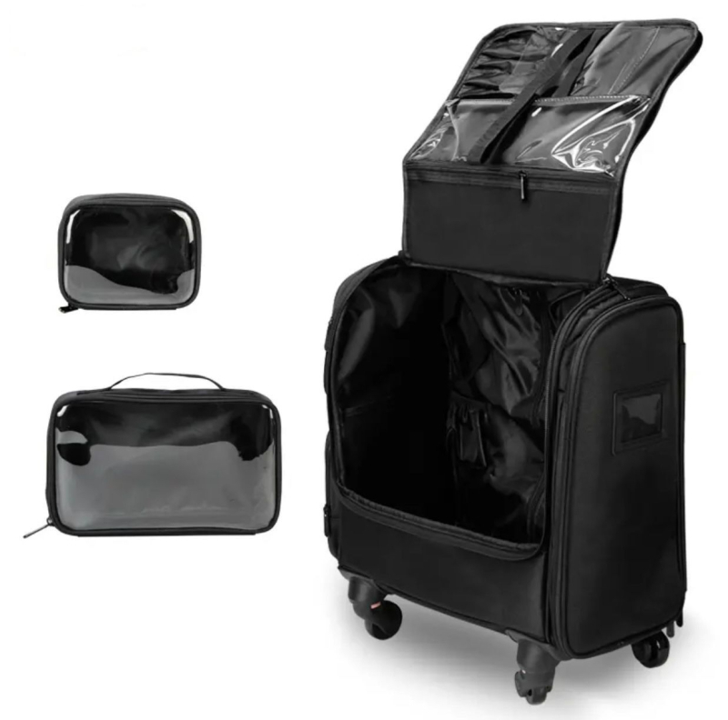 Profesionalus makiažo krepšys su traukimo lazdele, didelė talpa, Oxford audinys, užtrauktukas, namų saugojimui