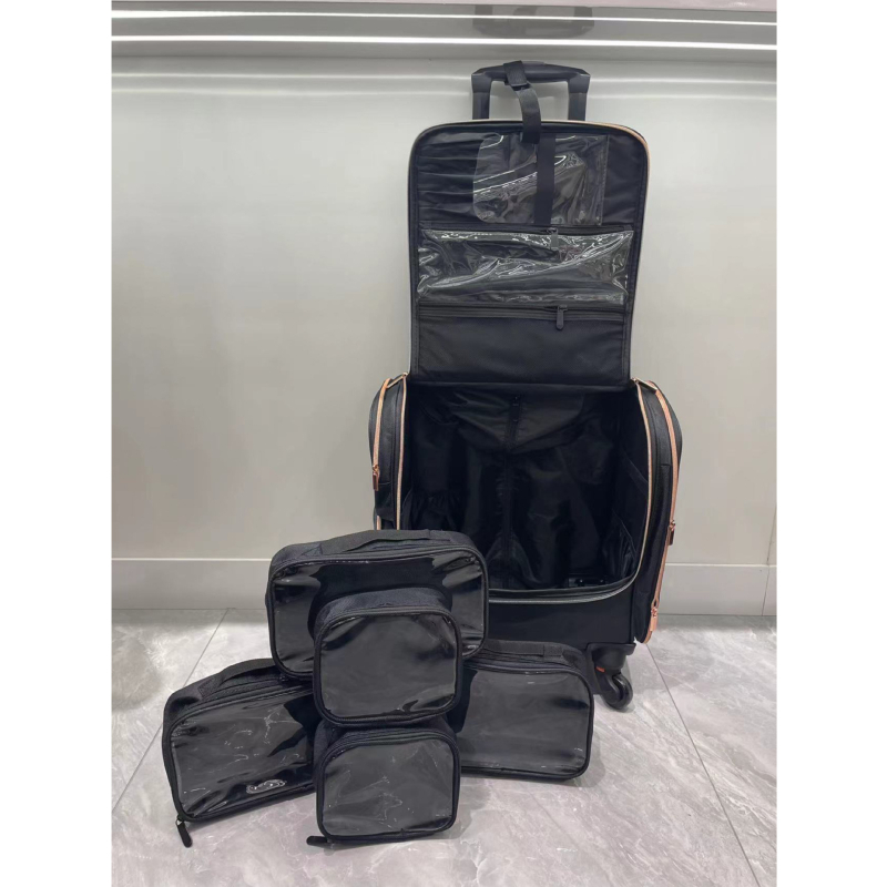 Profesionalus makiažo krepšys su traukimo lazdele, didelė talpa, Oxford audinys, užtrauktukas, namų saugojimui