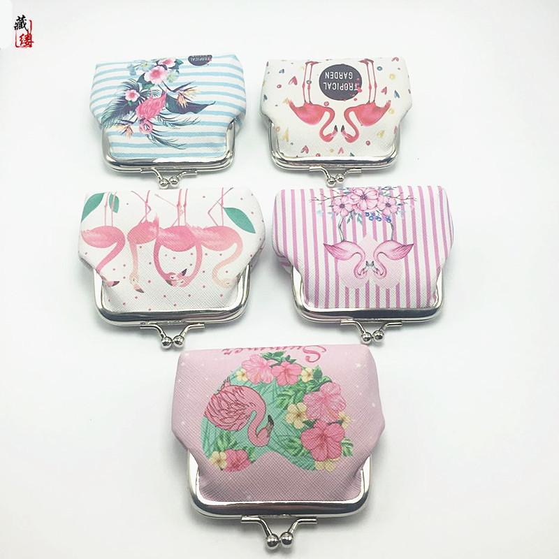 Piniginė monetoms su flamingo raštu, PU oda, metalinis rėmas, užsegimas