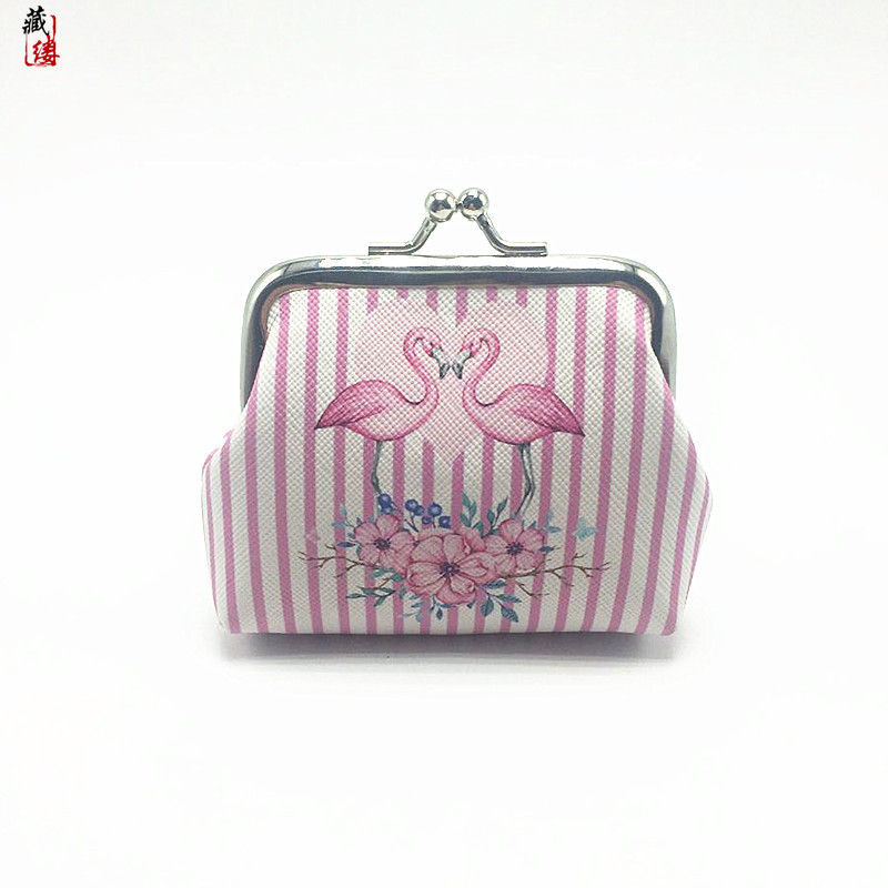 Flamingó mintás érmetárca, PU bőr, fém keret, csatos zár