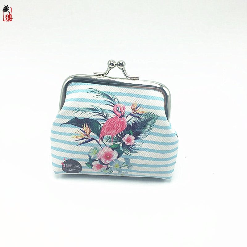 Flamingó mintás érmetárca, PU bőr, fém keret, csatos zár