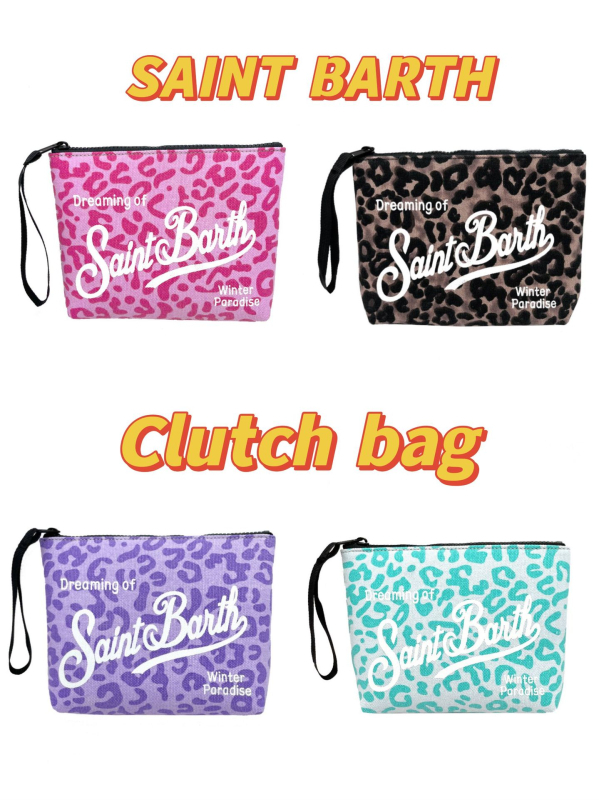 SAINT BARTH auduma clutch soma ar leoparda rakstu, konvertējā stila, horizontāla kvadrāta forma, pavasaris 2025