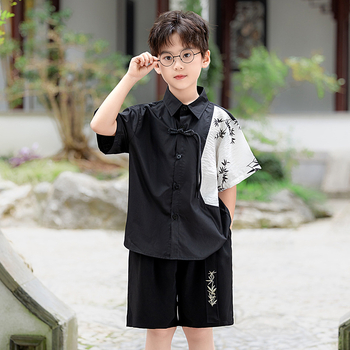 Gyerekeknek kínai stílusú ruházat – két részes készlet rövid ujjú felsővel és rövid nadrággal, poliészter-keverék enzimes mosással, 8 évesnél idősebbeknek, tavasz-nyár-ősz