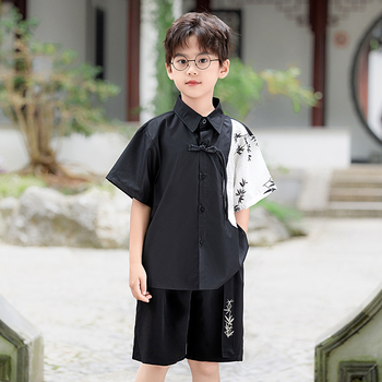 Gyerekeknek kínai stílusú ruházat – két részes készlet rövid ujjú felsővel és rövid nadrággal, poliészter-keverék enzimes mosással, 8 évesnél idősebbeknek, tavasz-nyár-ősz