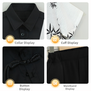 Gyerekeknek kínai stílusú ruházat – két részes készlet rövid ujjú felsővel és rövid nadrággal, poliészter-keverék enzimes mosással, 8 évesnél idősebbeknek, tavasz-nyár-ősz