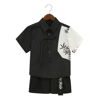 Gyerekeknek kínai stílusú ruházat – két részes készlet rövid ujjú felsővel és rövid nadrággal, poliészter-keverék enzimes mosással, 8 évesnél idősebbeknek, tavasz-nyár-ősz