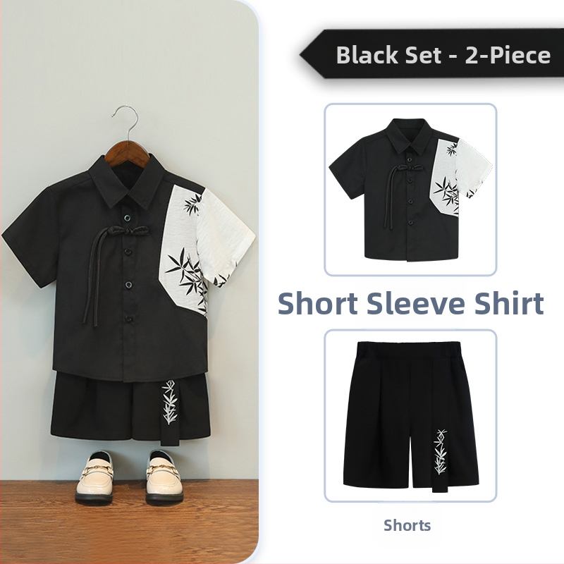 Gyerekeknek kínai stílusú ruházat – két részes készlet rövid ujjú felsővel és rövid nadrággal, poliészter-keverék enzimes mosással, 8 évesnél idősebbeknek, tavasz-nyár-ősz