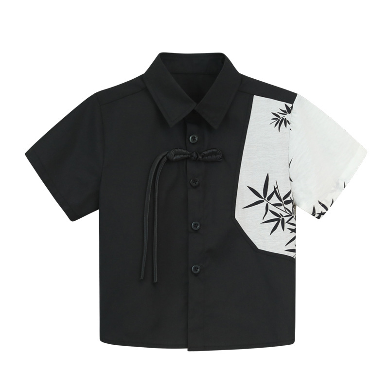 Gyerekeknek kínai stílusú ruházat – két részes készlet rövid ujjú felsővel és rövid nadrággal, poliészter-keverék enzimes mosással, 8 évesnél idősebbeknek, tavasz-nyár-ősz