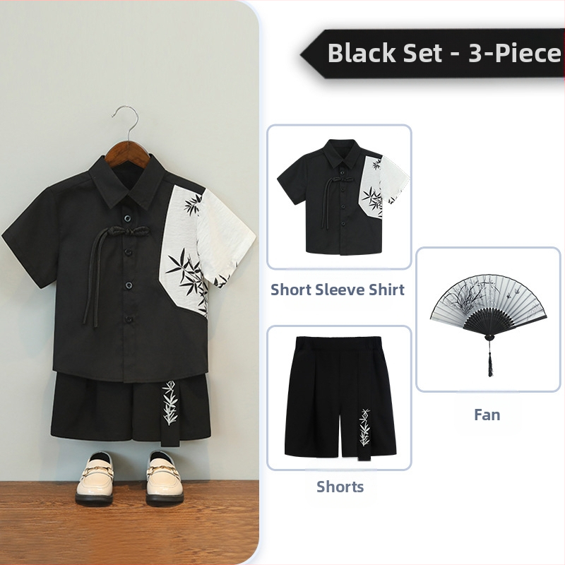 Gyerekeknek kínai stílusú ruházat – két részes készlet rövid ujjú felsővel és rövid nadrággal, poliészter-keverék enzimes mosással, 8 évesnél idősebbeknek, tavasz-nyár-ősz