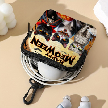 Halloween három macska mintás érmés pénztárca – PVC vízálló, cipzár, mini fülhallgató-táska, bővíthető belső, szintetikus bőr belső