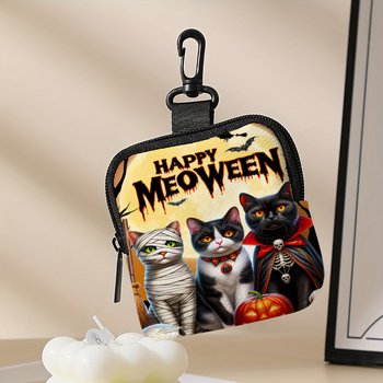 Halloween három macska mintás érmés pénztárca – PVC vízálló, cipzár, mini fülhallgató-táska, bővíthető belső, szintetikus bőr belső
