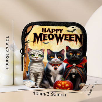 Halloween három macska mintás érmés pénztárca – PVC vízálló, cipzár, mini fülhallgató-táska, bővíthető belső, szintetikus bőr belső