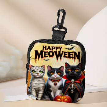 Halloween három macska mintás érmés pénztárca – PVC vízálló, cipzár, mini fülhallgató-táska, bővíthető belső, szintetikus bőr belső