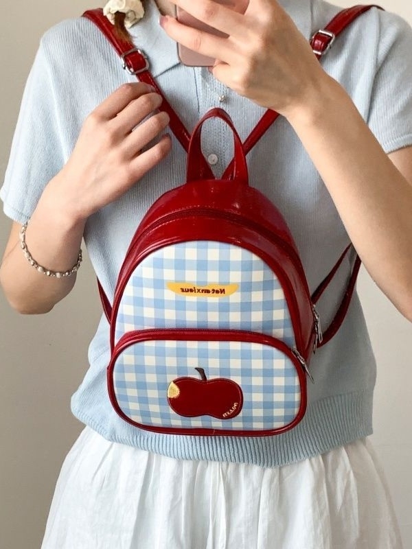 PU раница с ябълков принт, извити презрамки, капацитет 20-35 л, полиестерна подплата