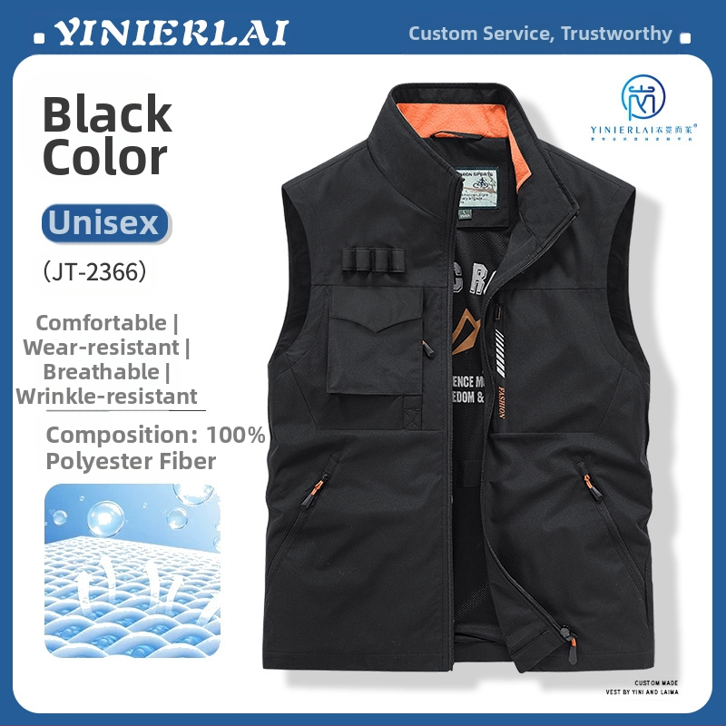 Darbinė liemenė su stačiu kaklu ir priekinė užtrauktuku, poliesterio audinys, spauda dažymas, pavasaris-ruduo