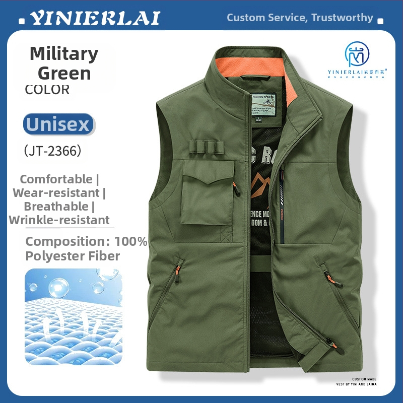 Darbinė liemenė su stačiu kaklu ir priekinė užtrauktuku, poliesterio audinys, spauda dažymas, pavasaris-ruduo