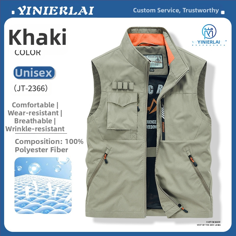 Darbinė liemenė su stačiu kaklu ir priekinė užtrauktuku, poliesterio audinys, spauda dažymas, pavasaris-ruduo