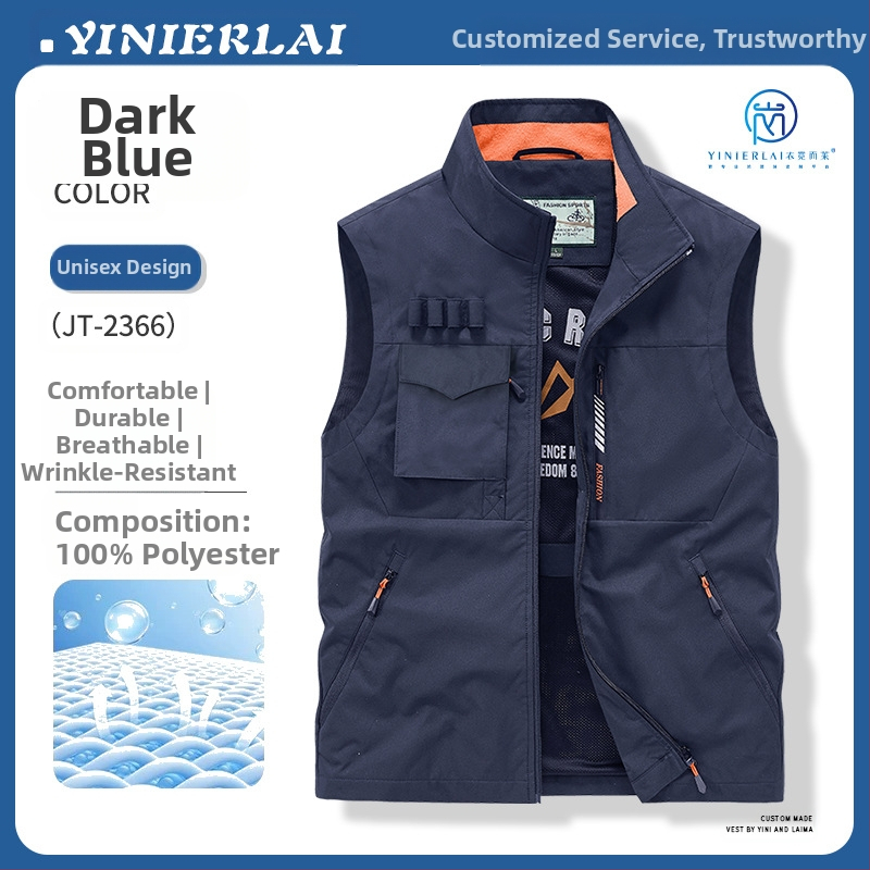 Darbinė liemenė su stačiu kaklu ir priekinė užtrauktuku, poliesterio audinys, spauda dažymas, pavasaris-ruduo