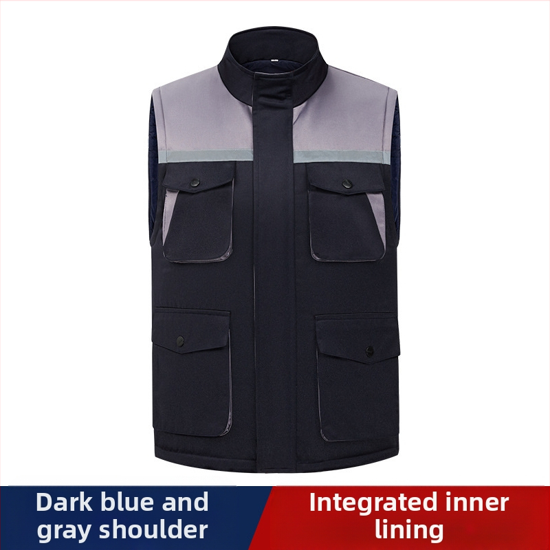 Žieminė storesnė medvilninė liemenė darbui, su stovinčiu apykakliliu, užtrauktuku, keliomis kišenėmis, tiesia apdaila