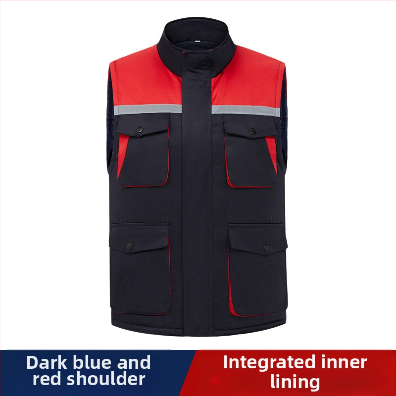 Žieminė storesnė medvilninė liemenė darbui, su stovinčiu apykakliliu, užtrauktuku, keliomis kišenėmis, tiesia apdaila