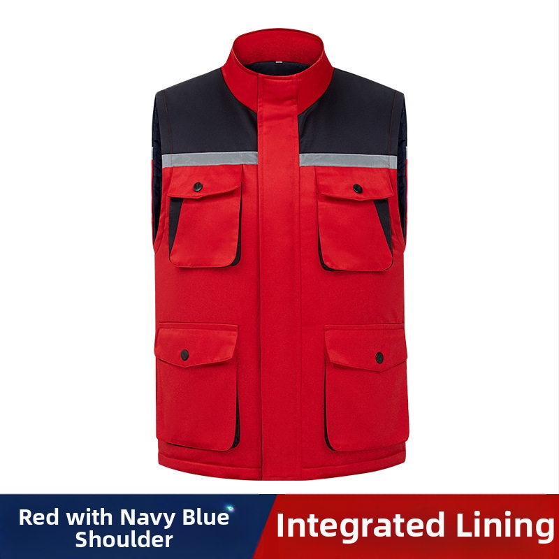 Žieminė storesnė medvilninė liemenė darbui, su stovinčiu apykakliliu, užtrauktuku, keliomis kišenėmis, tiesia apdaila