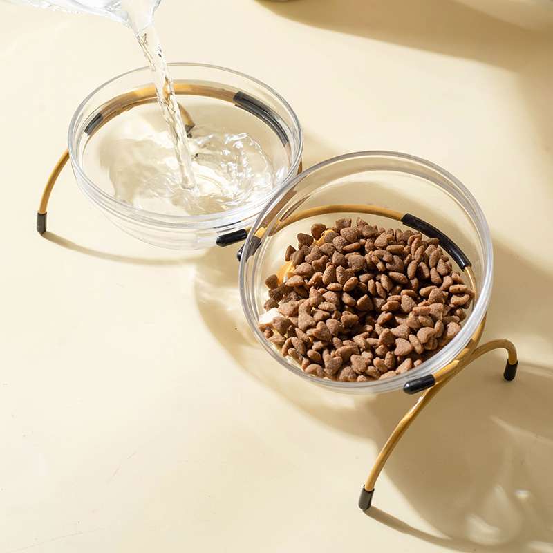 Γυάλινο μπολ γάτας με δύο διαμερίσματα για φαγητό και νερό, ρυθμιζόμενο γωνιακό στήριγμα από σίδηρο, μάρκα Shuo Ni