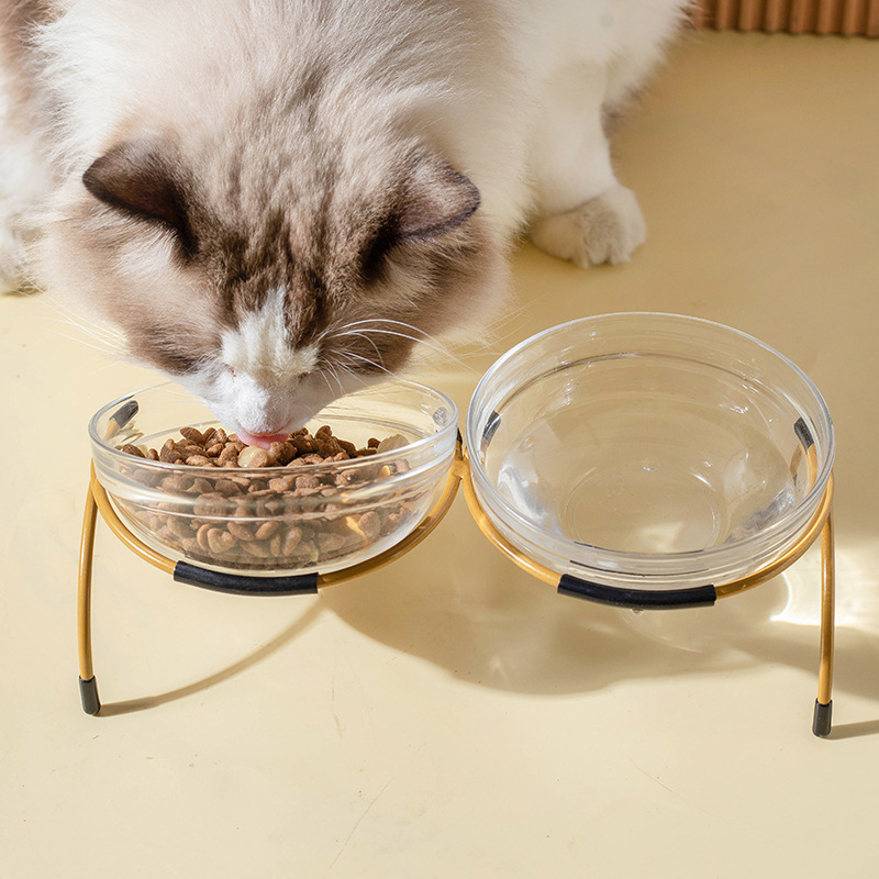 Γυάλινο μπολ γάτας με δύο διαμερίσματα για φαγητό και νερό, ρυθμιζόμενο γωνιακό στήριγμα από σίδηρο, μάρκα Shuo Ni