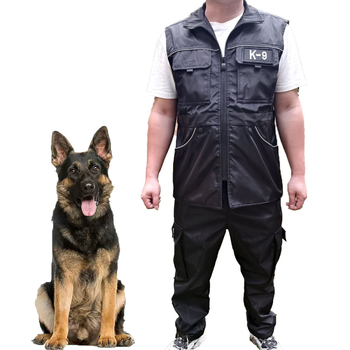 K9 suņu apmācību veste, ūdensnecaurlaidīgs neilons, bieza auduma, rāvējslēdzējs, bez kapuces, vairāk kabatas