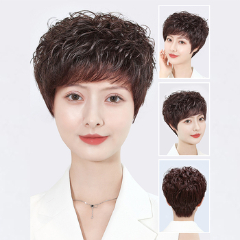 Женска перука от естествена човешка коса, къса къдрава прическа, ръчно тъкана конструкция, за дами на средна възраст и по-възрастни, покрива посивялата коса