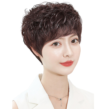 Женска перука от естествена човешка коса, къса къдрава прическа, ръчно тъкана конструкция, за дами на средна възраст и по-възрастни, покрива посивялата коса