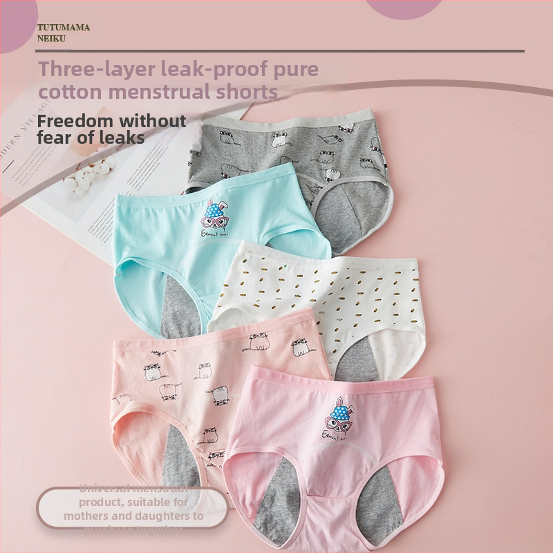 Mergaitėms menstruacijų kelnaitės, pagrindinis audinys 95% medvilnė, kirkšnies vidinė danga 100% medvilnė, trijų sluoksnių apsauga nuo pratekėjimo