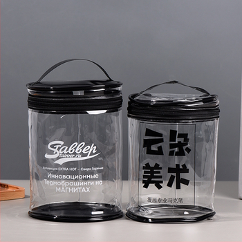 Skaidrus PVC pakavimo maišelis su apvalia cilindrine forma ir užtrauktuku, skirtas žymekliams ir pieštukams