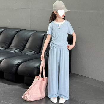 Κοριτσίστικο δύο τεμαχίων καλοκαιρινό σετ: κοντομάνικη μπλούζα και παντελόνια με φαρδιά γραμμή από Lyocell