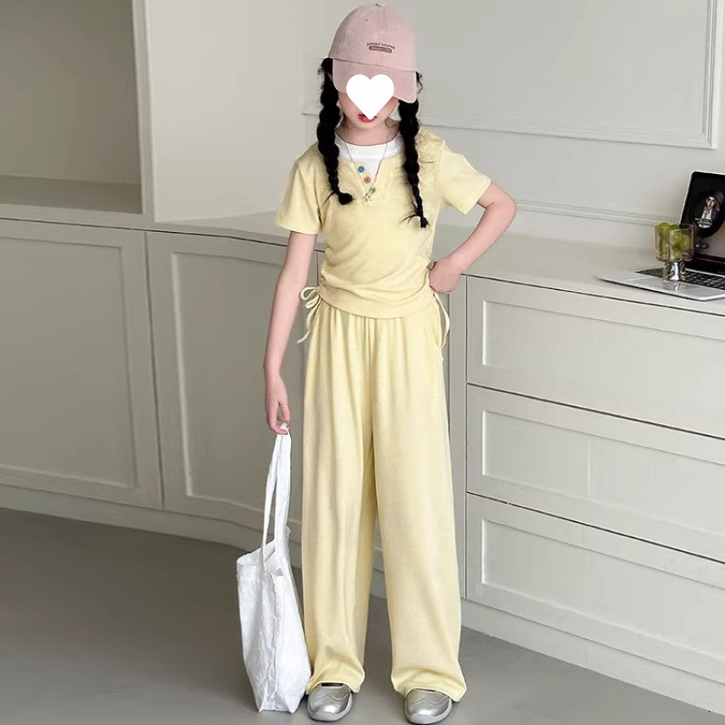 Детски двукомпонентен летен комплект за момичета: къс ръкав топ и широки панталони от Lyocell