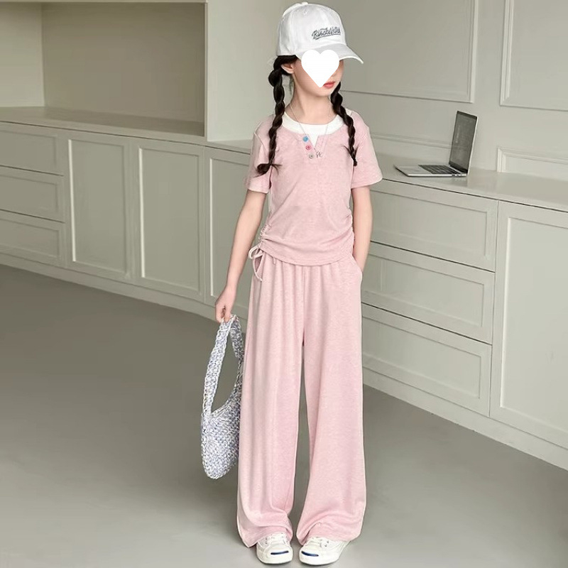 Детски двукомпонентен летен комплект за момичета: къс ръкав топ и широки панталони от Lyocell