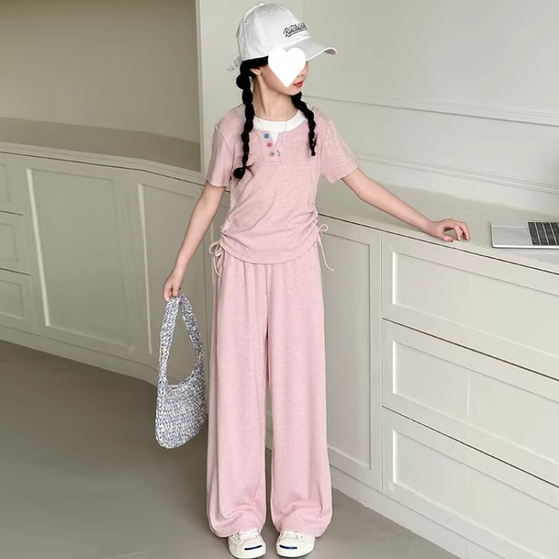 Детски двукомпонентен летен комплект за момичета: къс ръкав топ и широки панталони от Lyocell