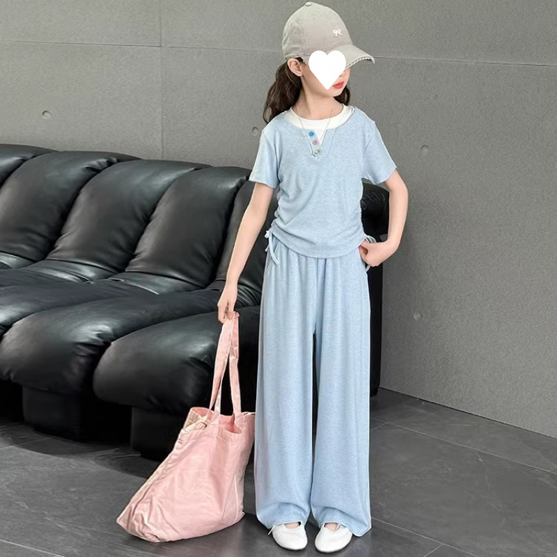 Детски двукомпонентен летен комплект за момичета: къс ръкав топ и широки панталони от Lyocell