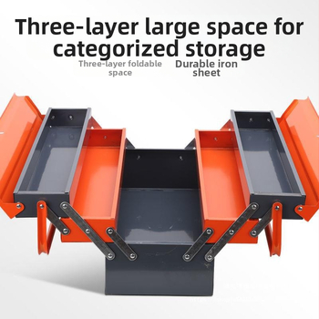 Μεταλλικό κιβώτιο εργαλείων τριών επιπέδων με μαγνητικό κούμπωμα, υλικό μικροϊνες + ξύλο, καθολικό μοντέλο για οικιακή αποθήκευση