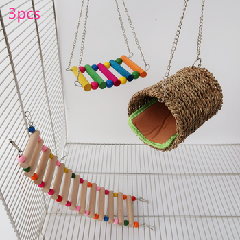 Koka 3 daļu komplekts mazajiem mājdzīvniekiem: silta ligzda, šūpoles un kāpnes