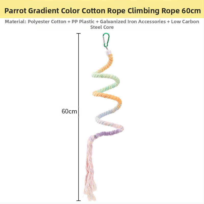 Папагалска играчка с въже за катерене, пръстенна люлка, дъвчаща стълба и стойка за птици; материали: полиестерно‑памучно влакно, PP пластмаса, галванизирани метални фитинги, ядро от нисковъглеродна стомана