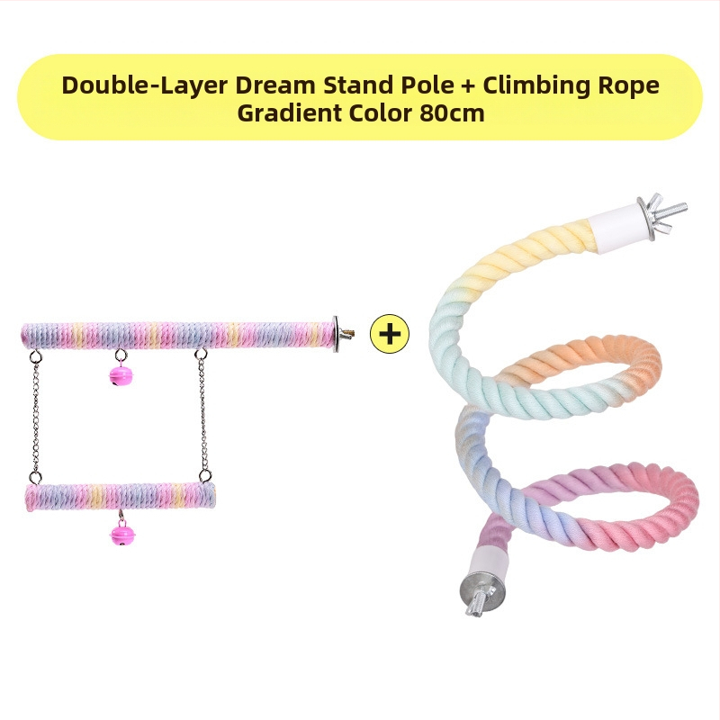 Папагалска играчка с въже за катерене, пръстенна люлка, дъвчаща стълба и стойка за птици; материали: полиестерно‑памучно влакно, PP пластмаса, галванизирани метални фитинги, ядро от нисковъглеродна стомана