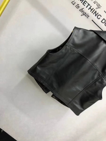 Γυναικείο γιλέκο από φυσικό δέρμα κατσίκας, cardigan στυλ για εργασία, τετράγωνος γιακά, φαρδιά γραμμή, Φθινόπωρο 2025